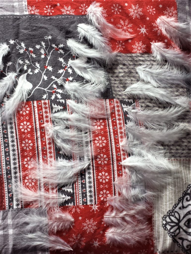 White Feathers individually placed on my work surface.