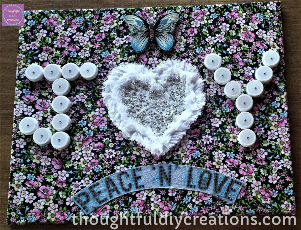 Final Photo of 'Joy, Peace 'N' Love' Canvas made using up-cycled materials.