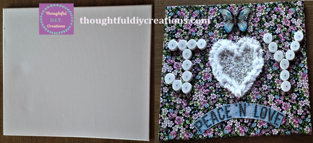 Before & After of D.I.Y. Floral Fabric Canvas made using up-cycled materials.