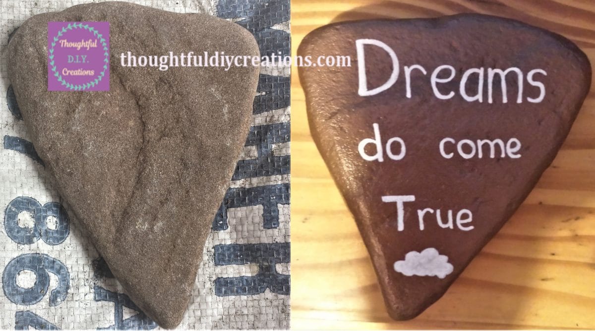 Before & After of Spray Painted Stones with Positive Quote.