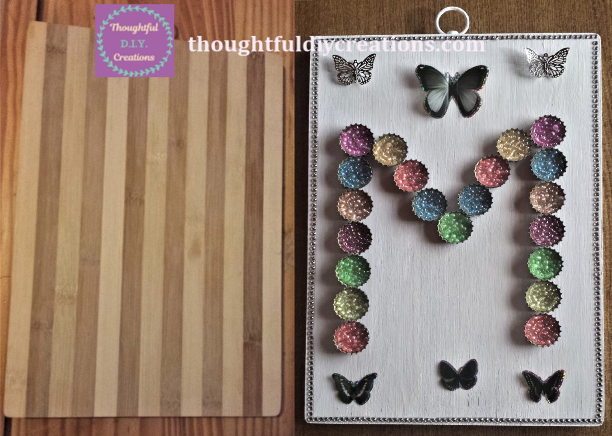 Before & After of re-purposed Chopping Board & Monogram made from beer bottle caps & beads.