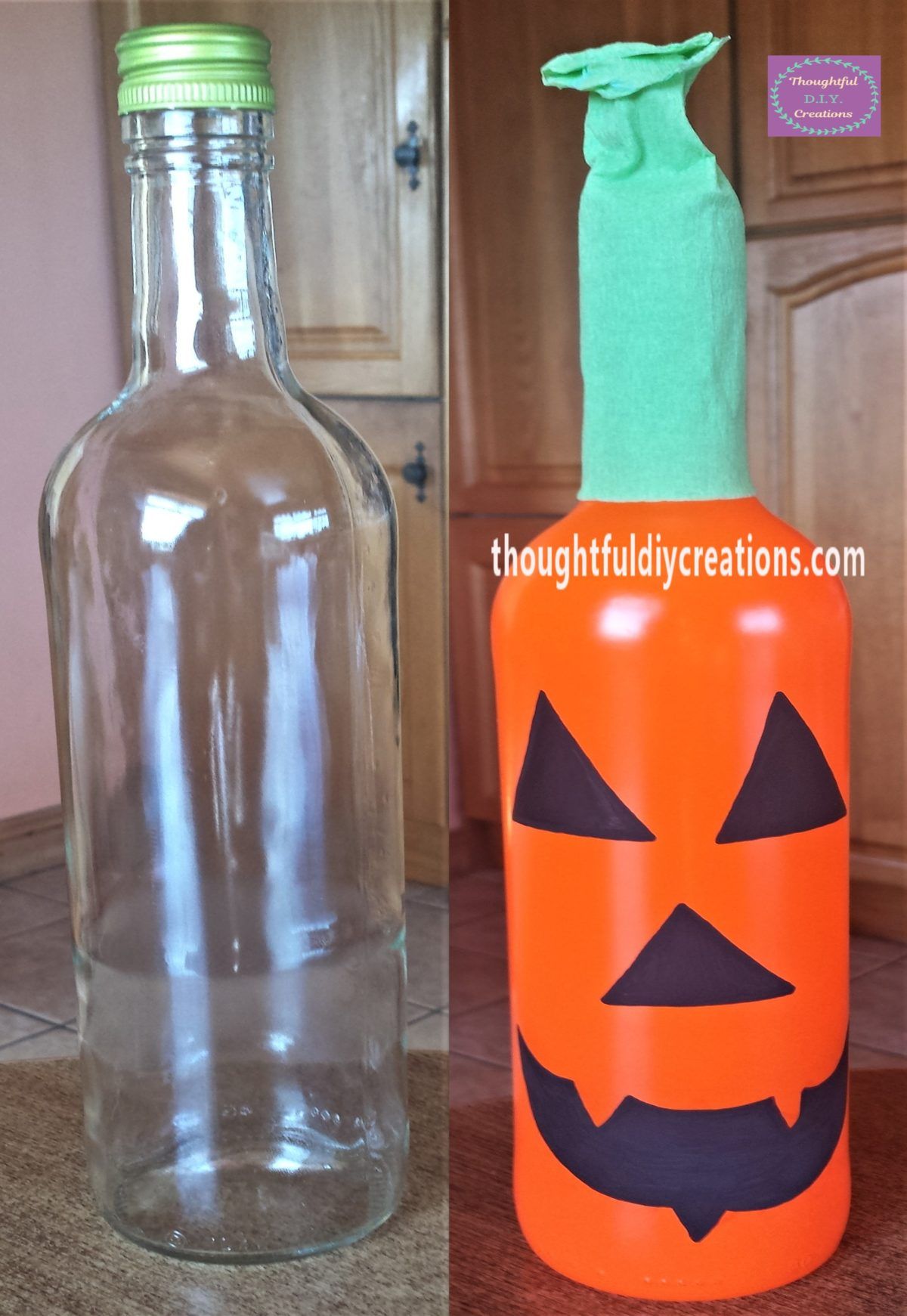 Before and After of Pumpkin Bottle Craft.