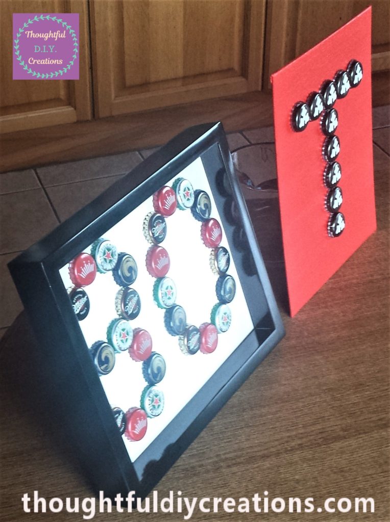 Side view of the completed beer bottle cap projects.