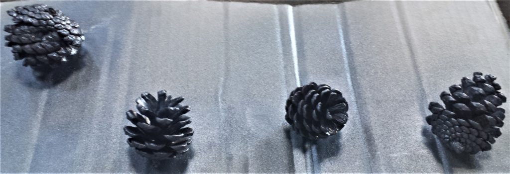 Second layer of spray paint on the pine cones.