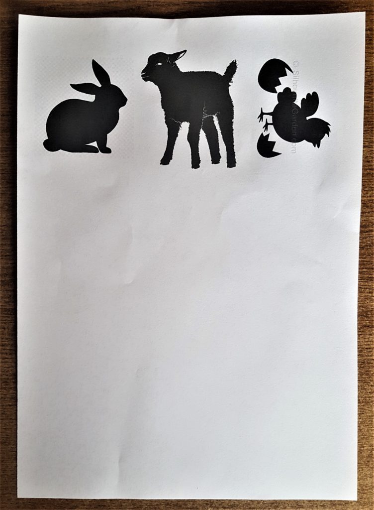 The Bunny Silhouette, Lamb Silhouette and Easter Chick Silhouette printed out on regular printer paper.