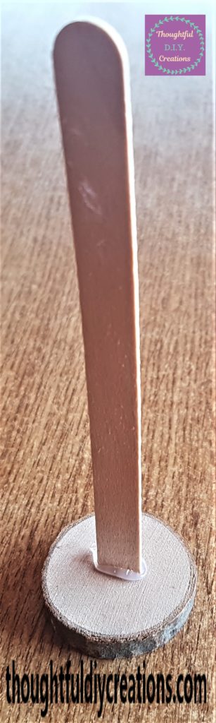 The lollipop stick hot glued to the middle of the wood slice.