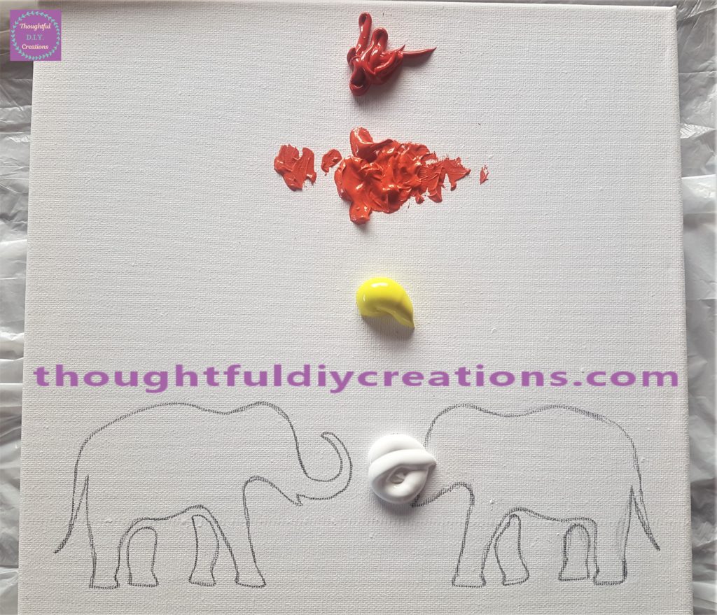 Each colour paint on different sections of the canvas starting with the darkest shade and ending with the lightest shade.