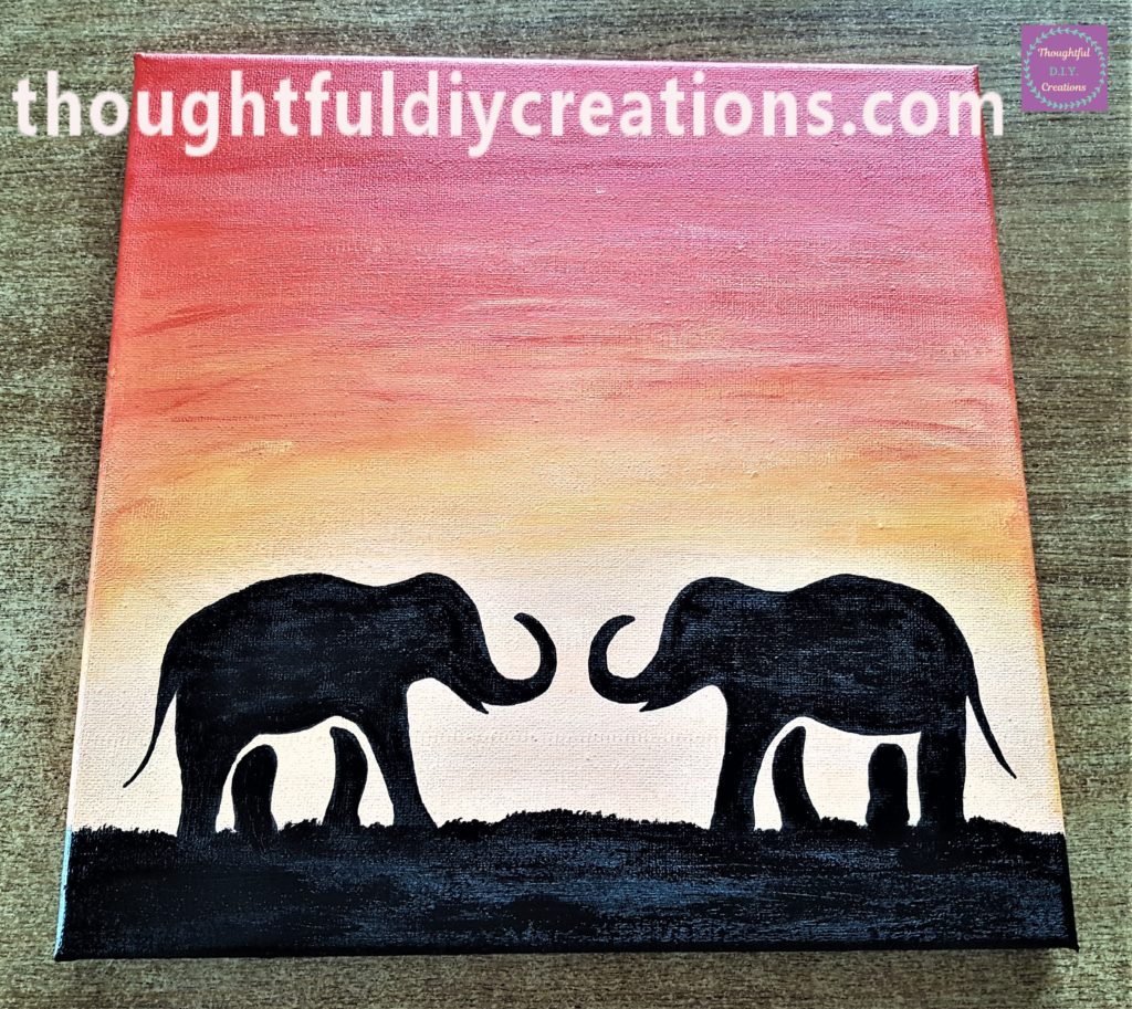 Black acrylic paint added to the bottom and bottom sides of the canvas. The elephants painted with black paint and a small paintbrush.