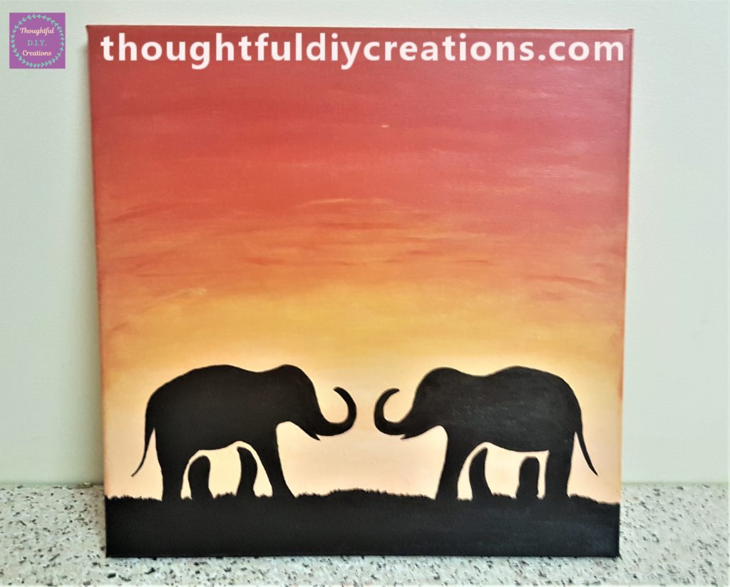 Final Image of the elephant sunset painted canvas.