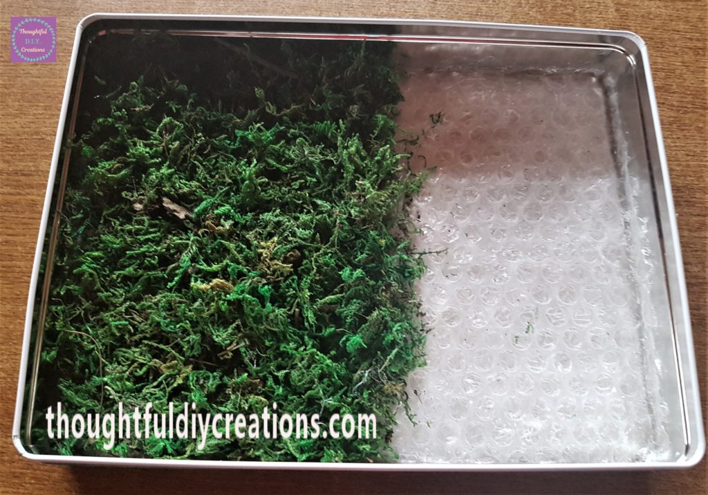 Hot glue added to the bubble wrap and moss attached. Hot glue only put on the bottom layer to keep it in place.