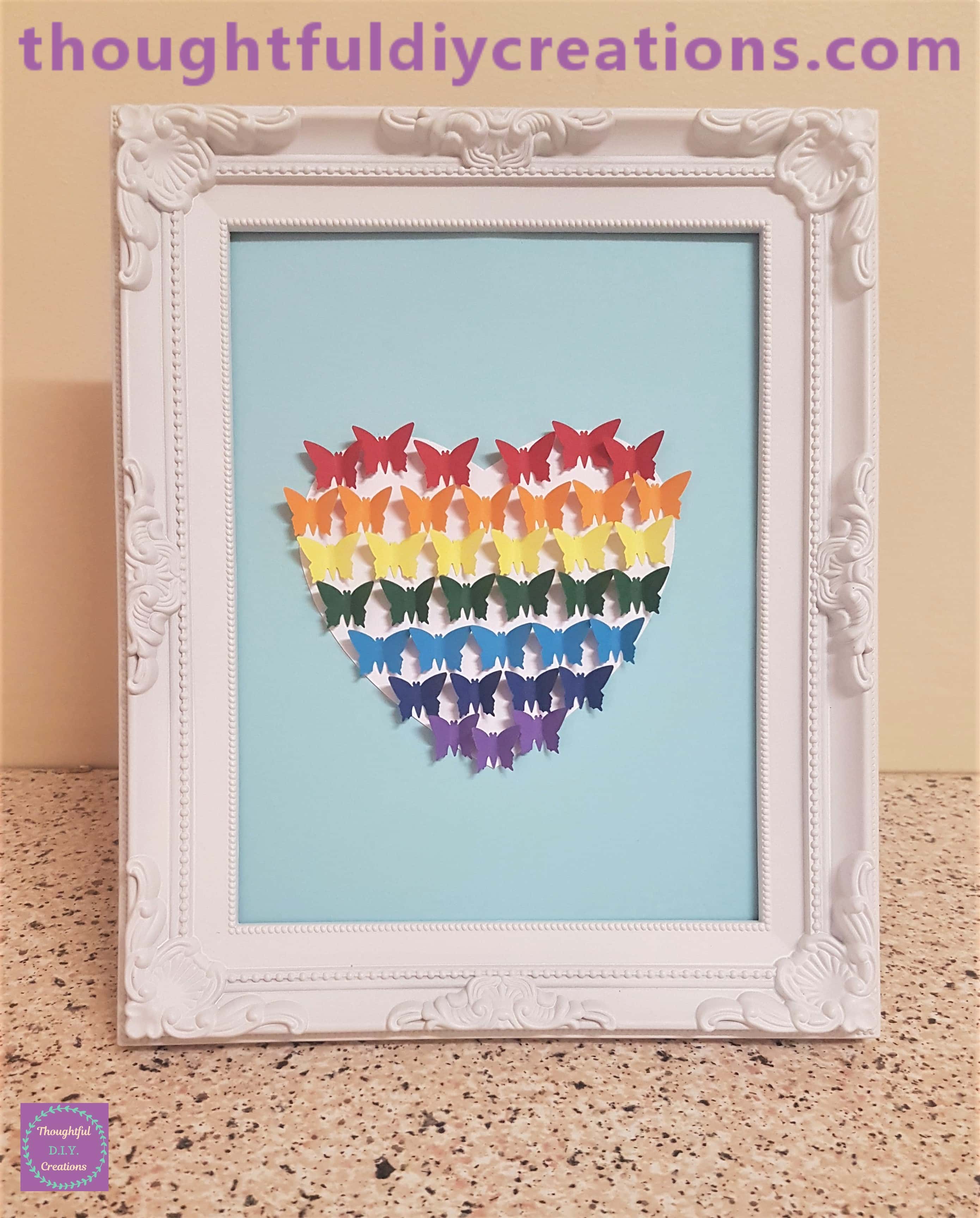 Completed Rainbow Butterfly Heart Frame.