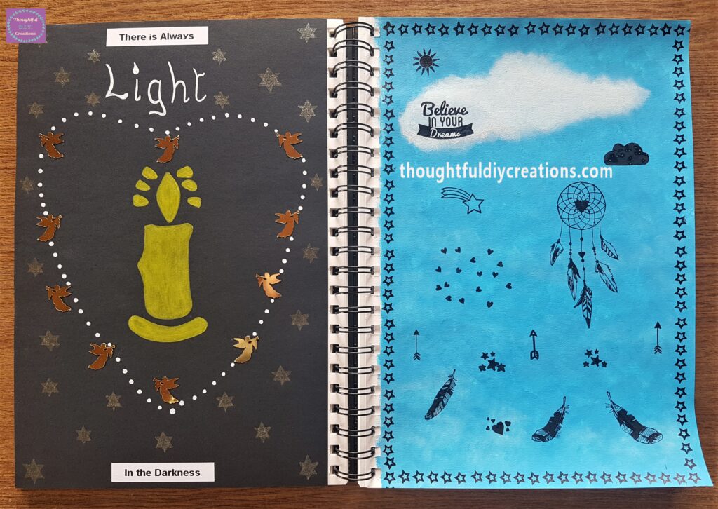 Completed Dreamcatcher Page beside the Completed Light in Darkness Page.