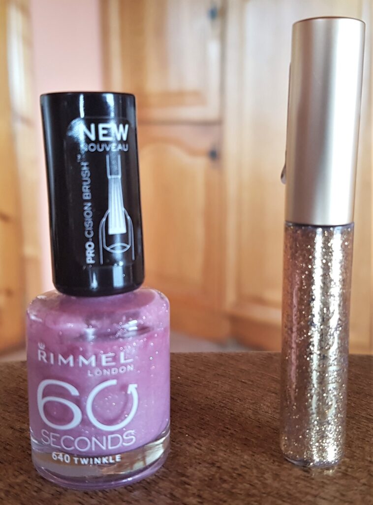 Pink Glitter Nail Varnish and a Gold Glitter Eyeliner.