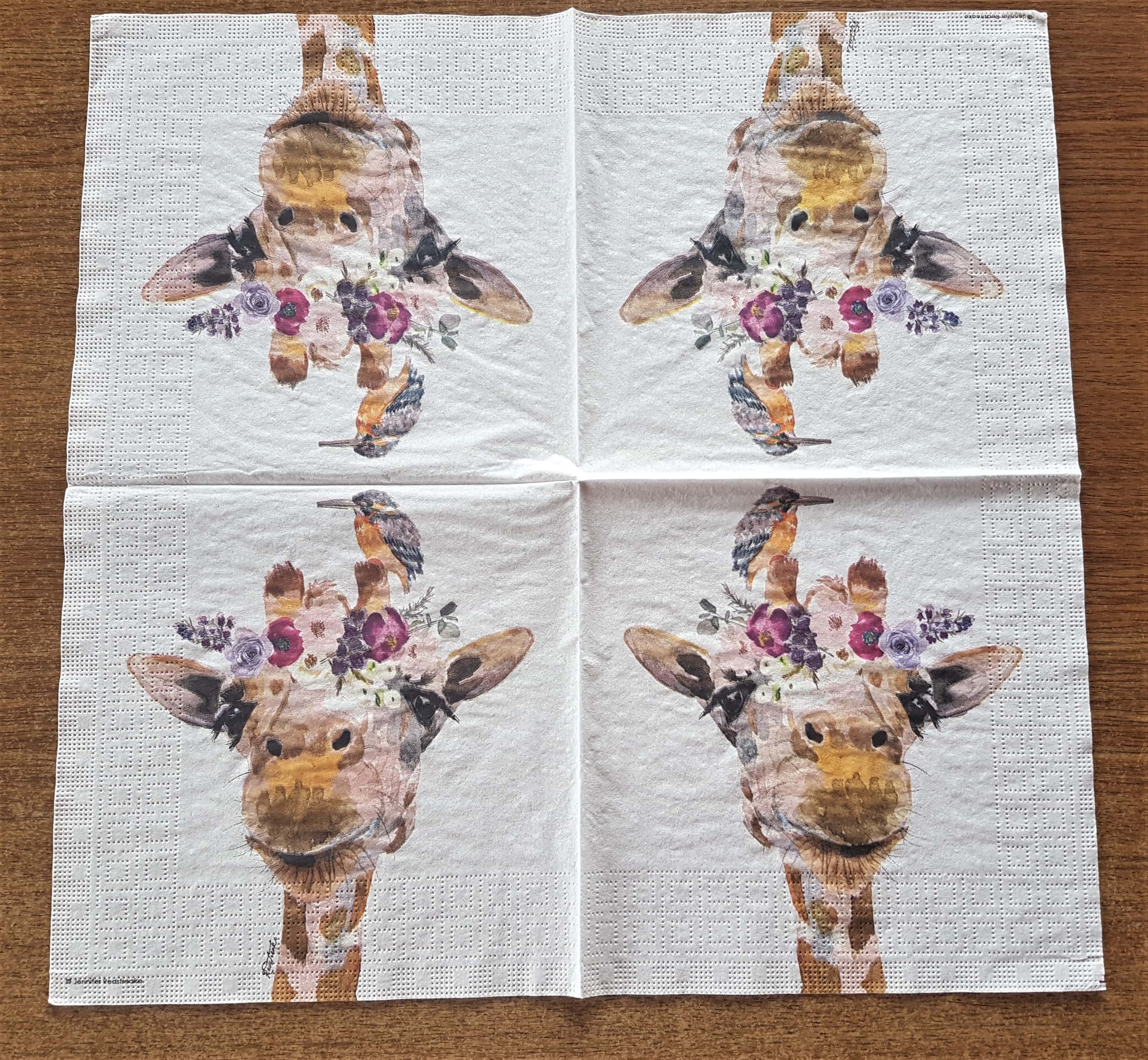13 inch x 13 inch Giraffe with Bird and Flowers Napkin for Decoupage.