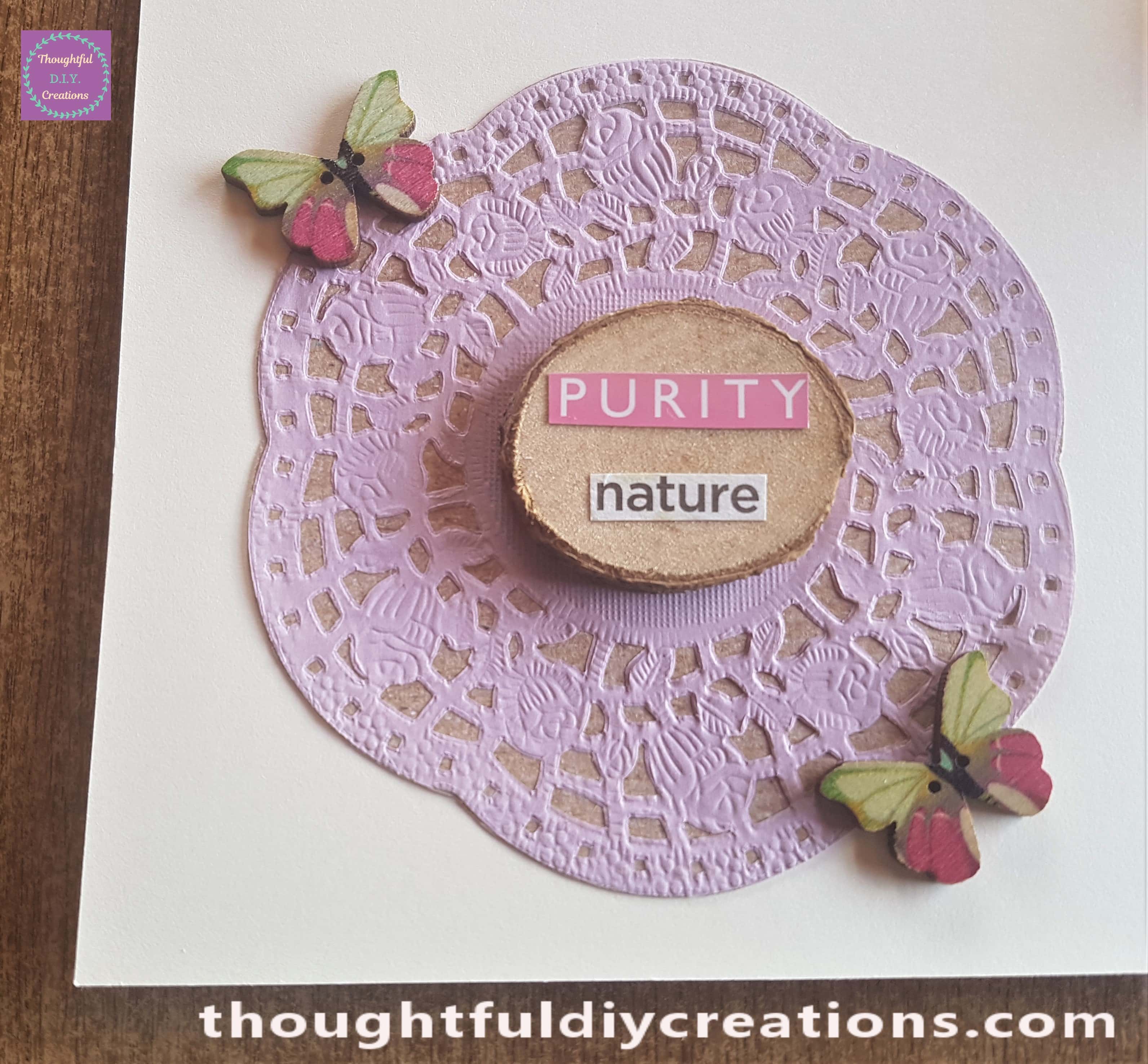 Wood Slice, Butterflies and Doily.