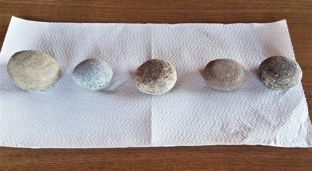 5 Stones laid out on 2 Sheets of Kitchen Paper.