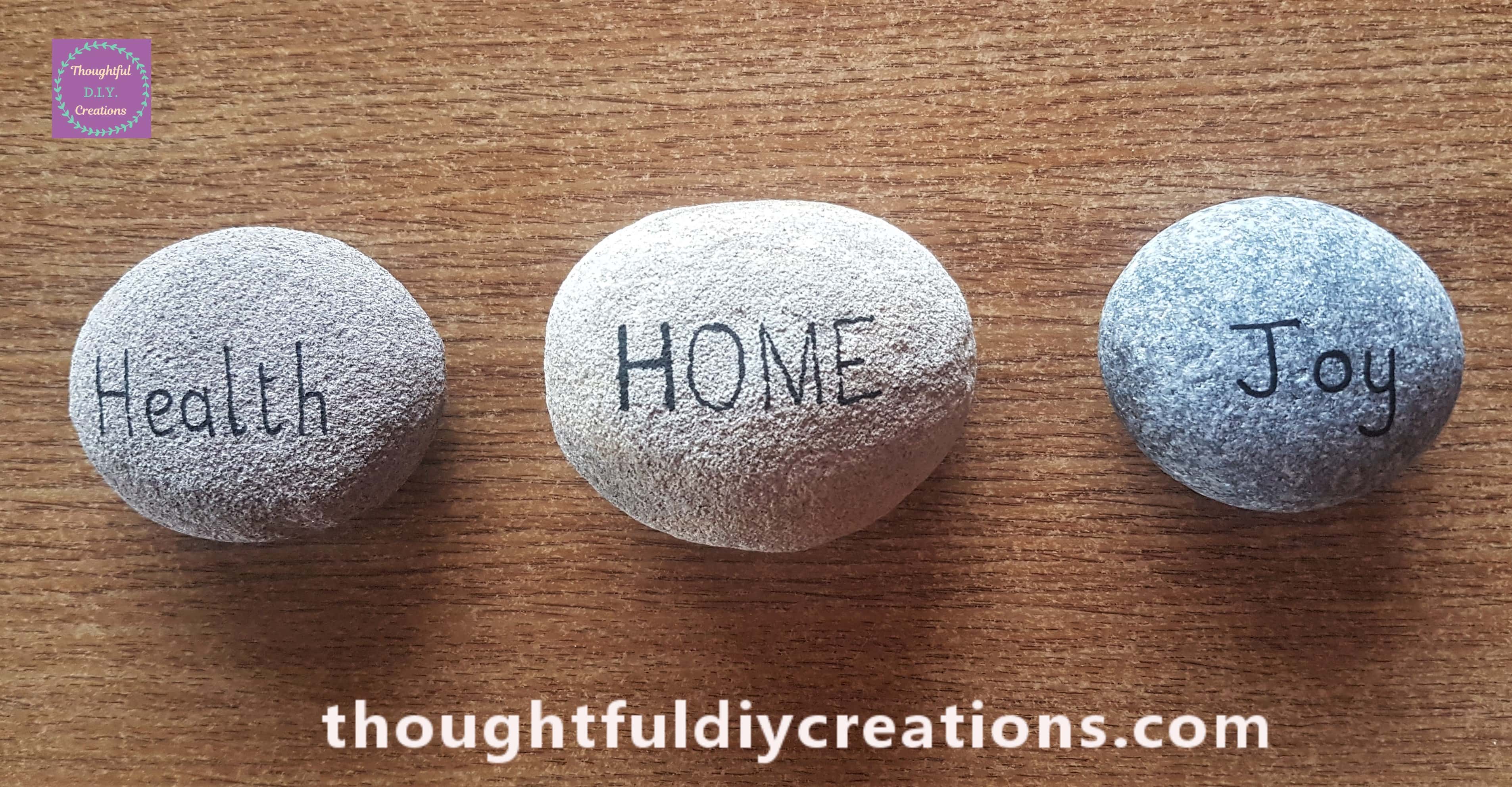 I got my uni POSCA Acrylic Paint Pen in Black and wrote Health, HOME, and Joy onto the Natural Stones.