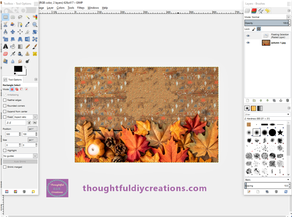 I used the Rectangle Select Shape Tool to copy a light brown part of the background. I pasted it multiple times over the patterns on the background where the quote will be to ensure it can be seen.