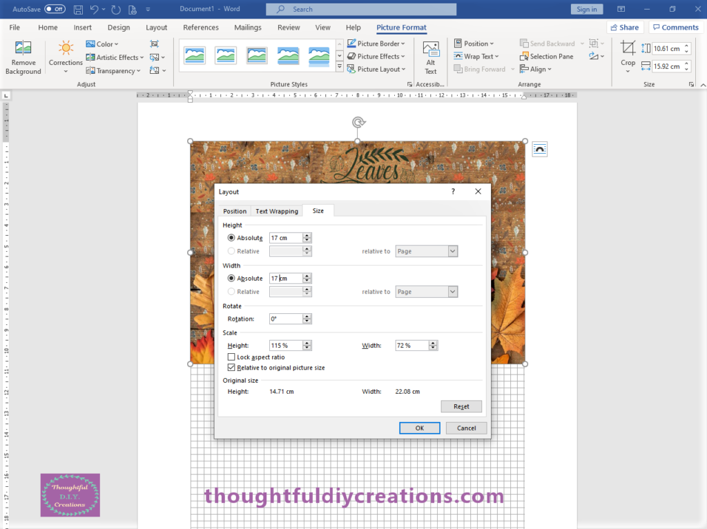 I changed the Absolute Height and Width to 17cm. I unticked the Box Lock Aspect Ratio.