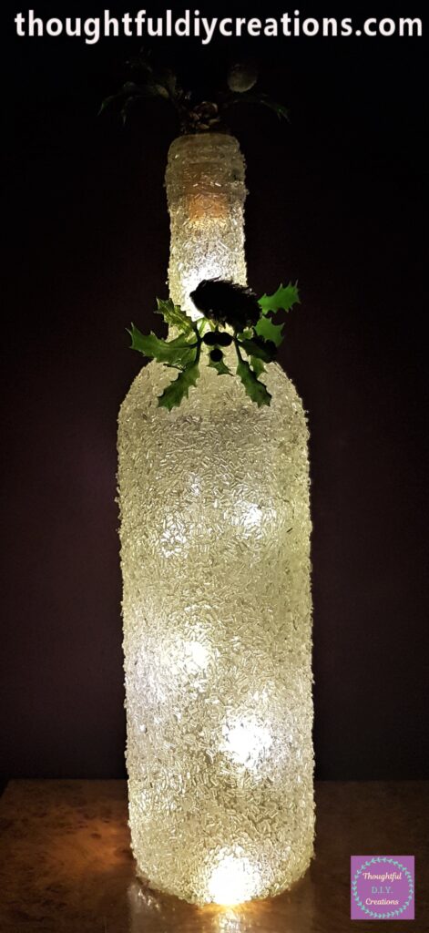 Frosted Glass Bottle lights on and room lights off at night time.