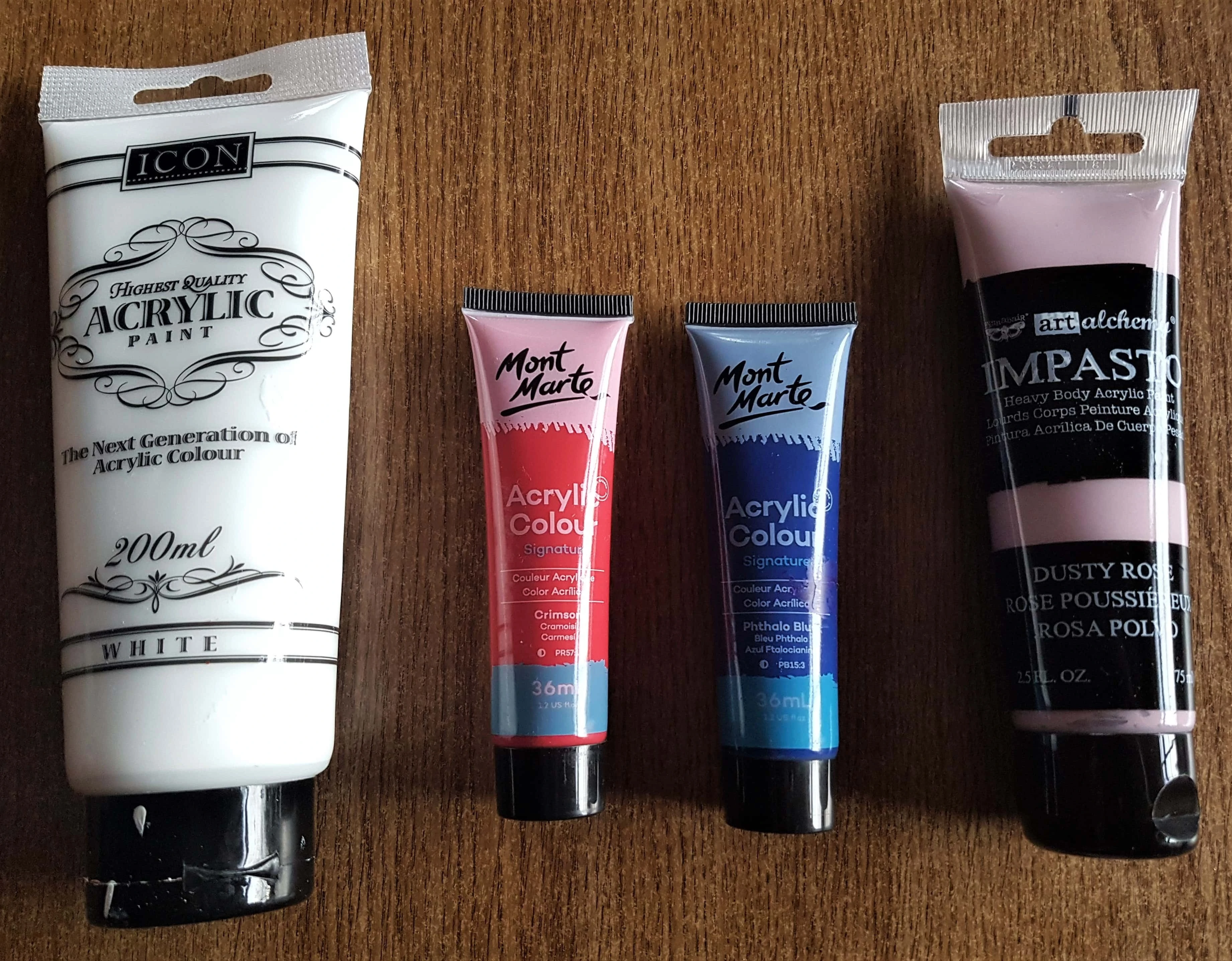 Acrylic Paints, White, Crimson, Phthalo Blue and Dusty Rose.