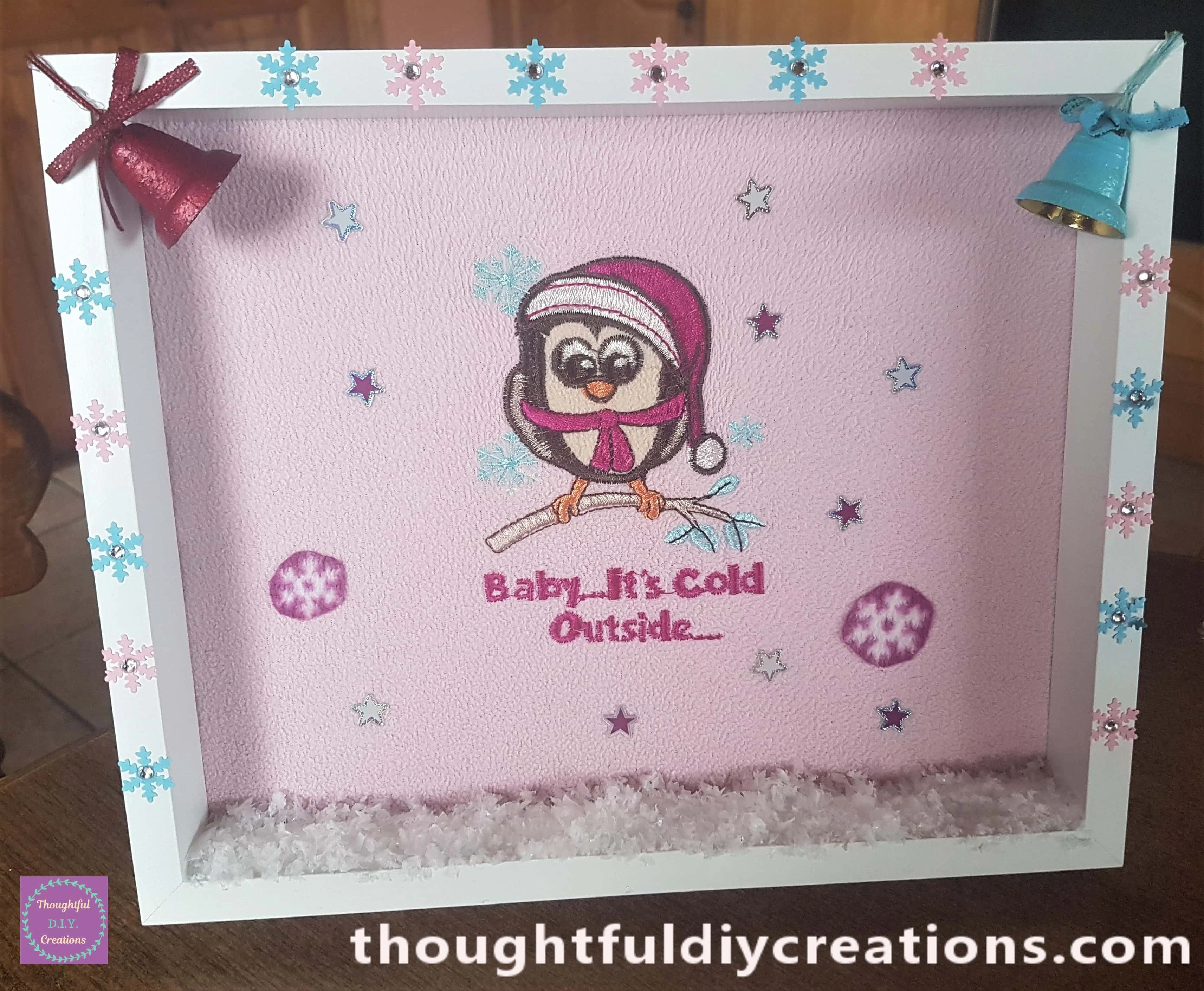 I continued adding the mod podge and snow confetti until the frame was covered.