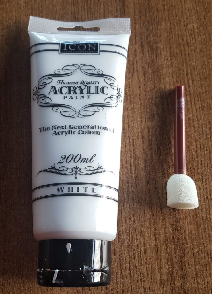 White Acrylic Paint and small Flat Sponge with handle.
