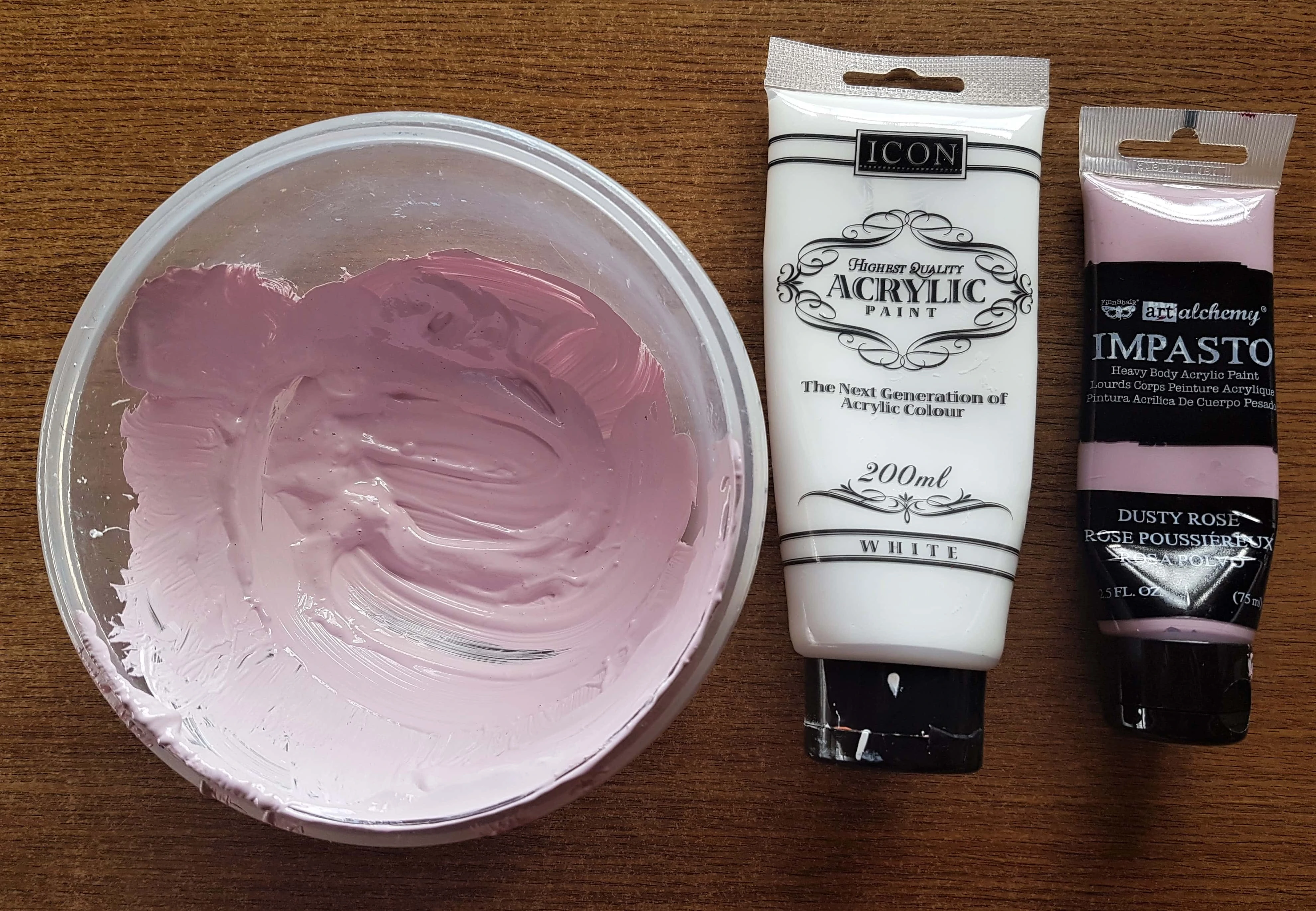 I mixed White Acrylic Paint with Dusty Rose Acrylic Paint in a Bowl to make a lighter shade of Pink.