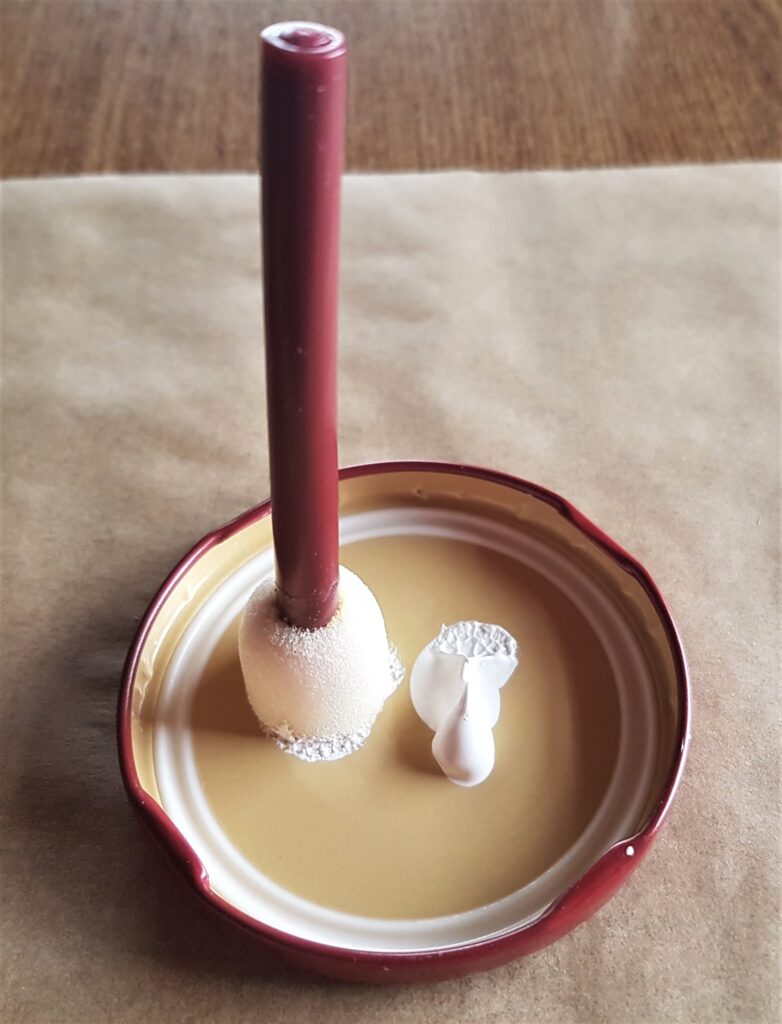 I poured some Paint onto the Lid. I dipped the sponge into the Paint and dabbed the excess onto another part of the lid.