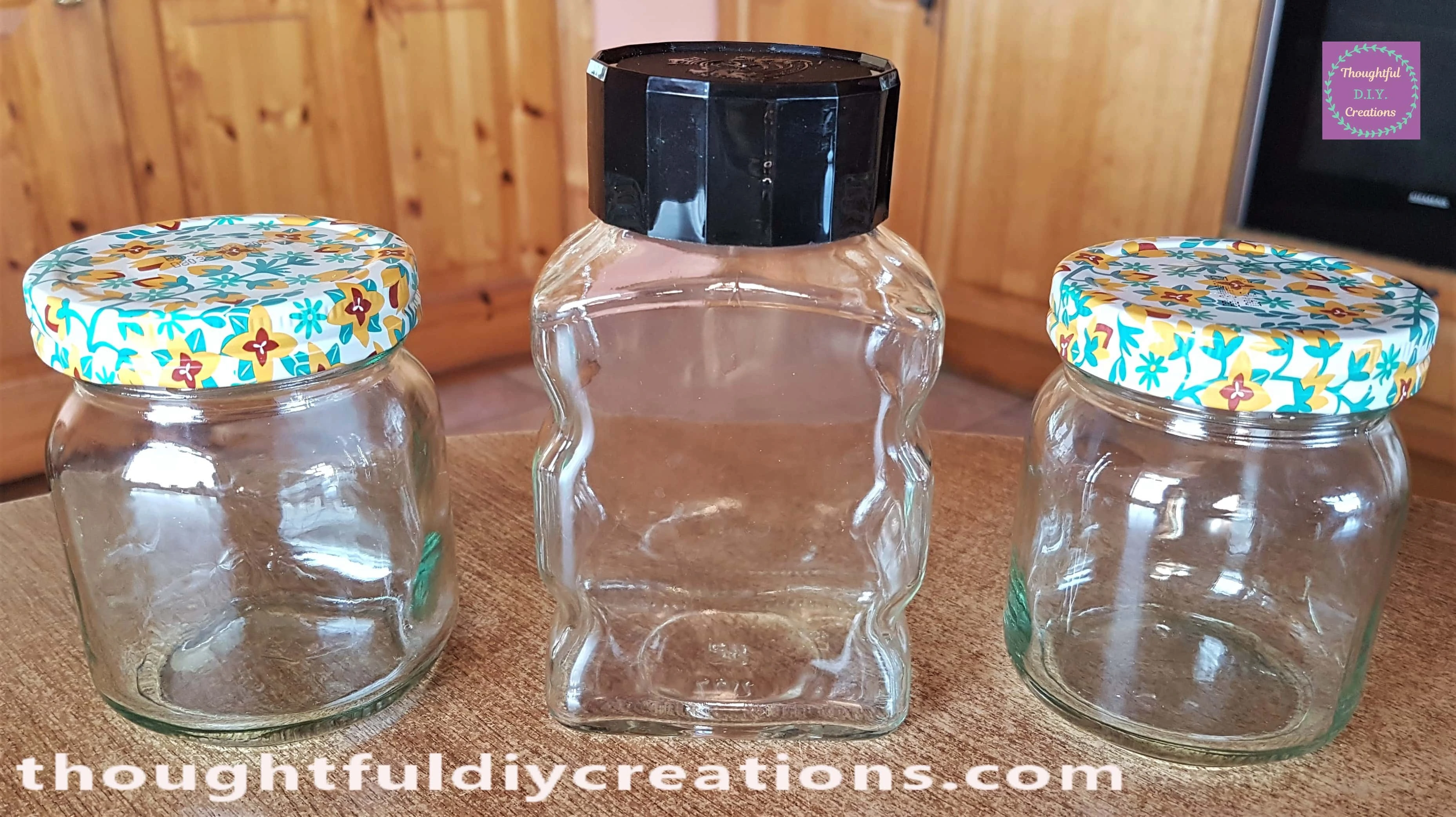 3 jars after being washed, the labels removed and dried.