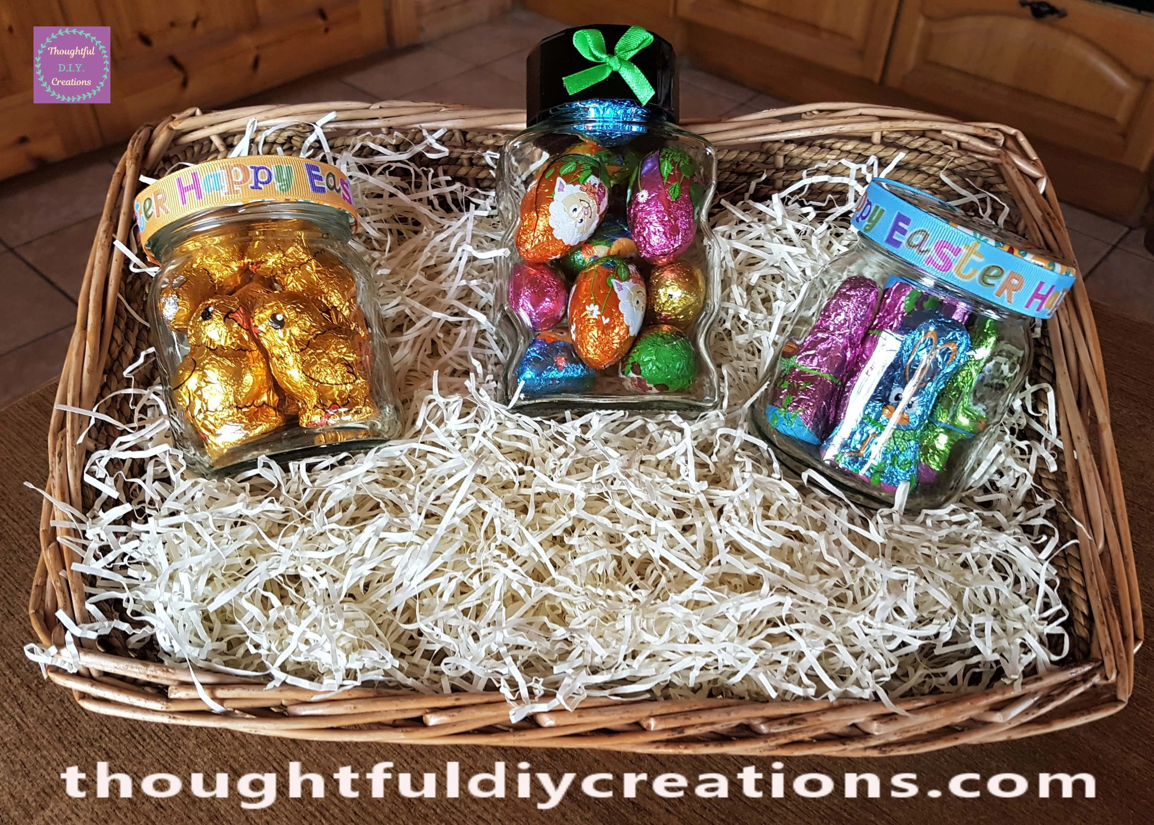 The Easter Egg Jar in the Center and the 2 smaller Jars each Side of the Easter Hamper.