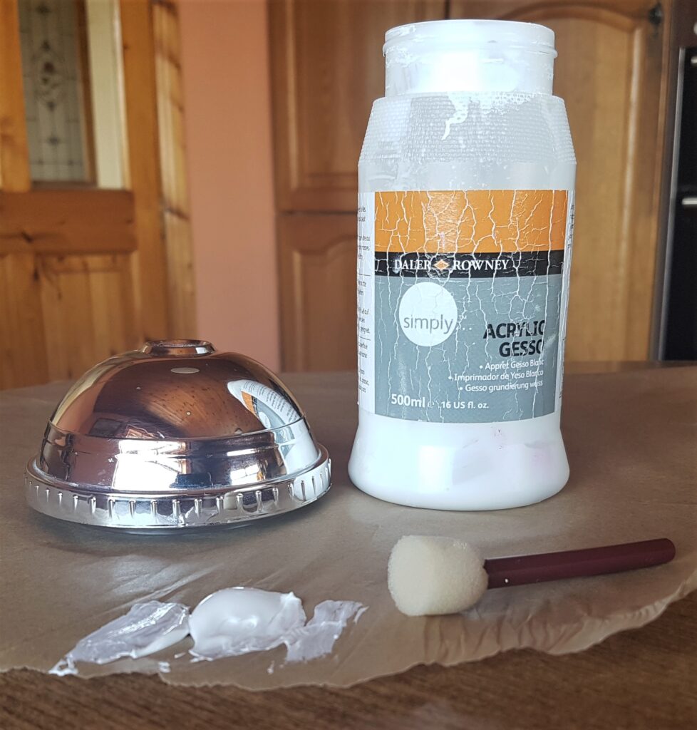 I got my White Acrylic Gesso, Sponge with Handle and Baking Parchment Paper to protect the Table.