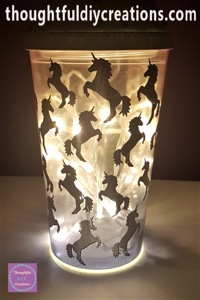 The Light-Up Unicorn Beaker at Night with the Room Light turned Off.