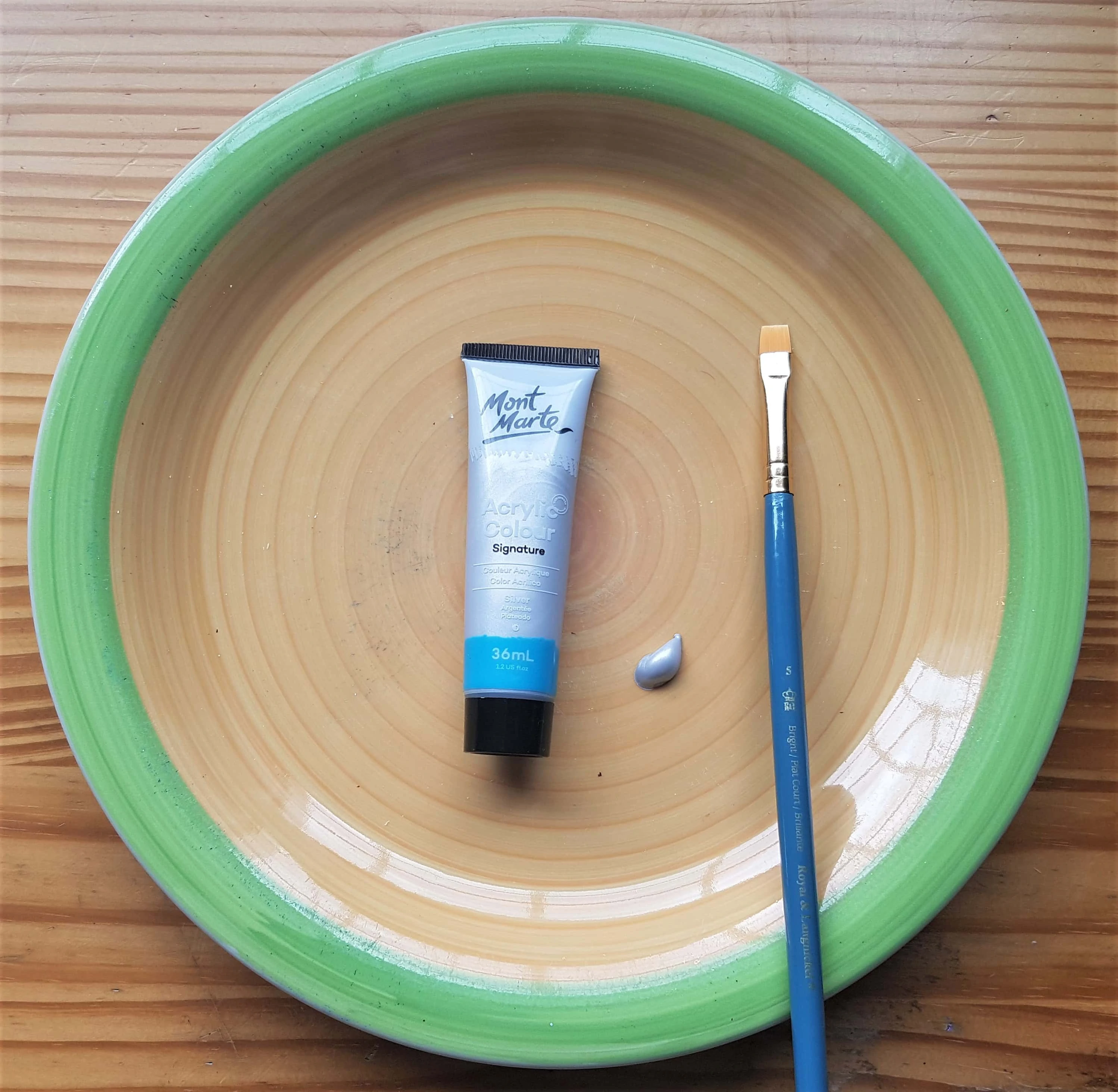 I poured some Silver Acrylic Paint onto an old Plate and got a small Flat Paintbrush.