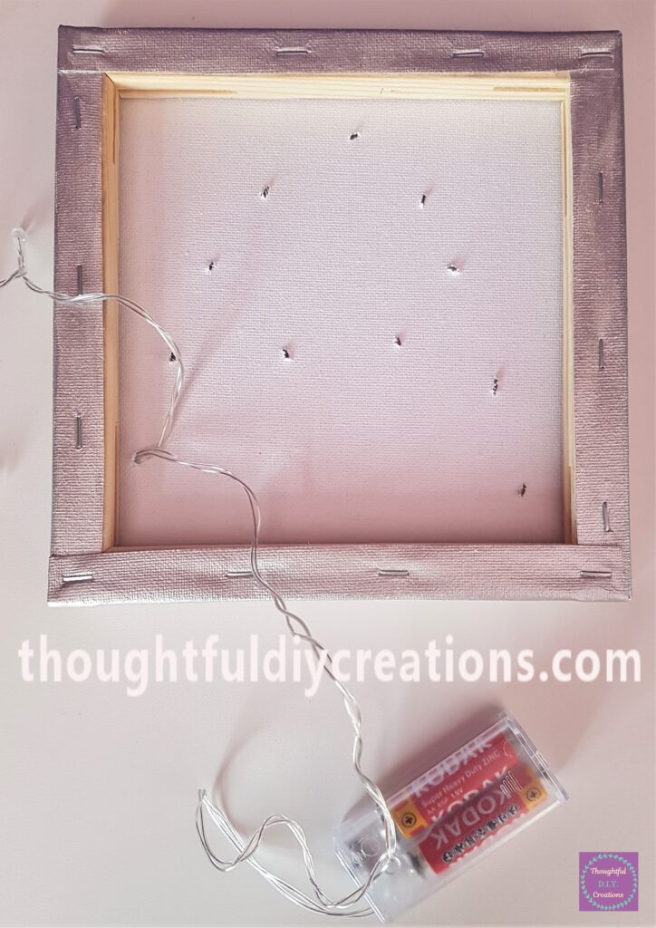 I put the Light through the back of the Hole in the Canvas starting with the Light closest to the Battery Pack.