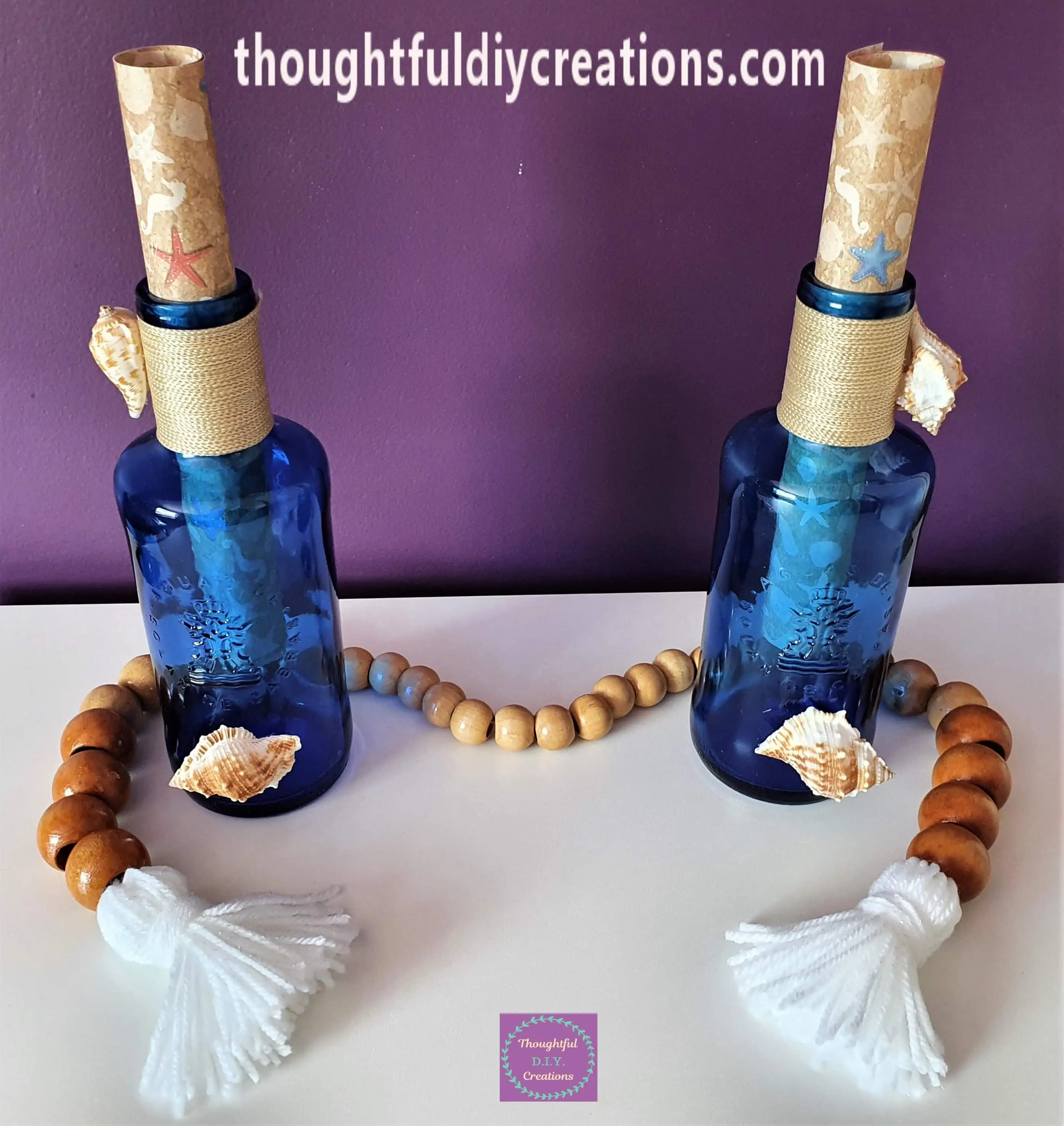 The Wooden Bead Garland wrapped around my Beach Inspired Bottles I made a couple of years ago.