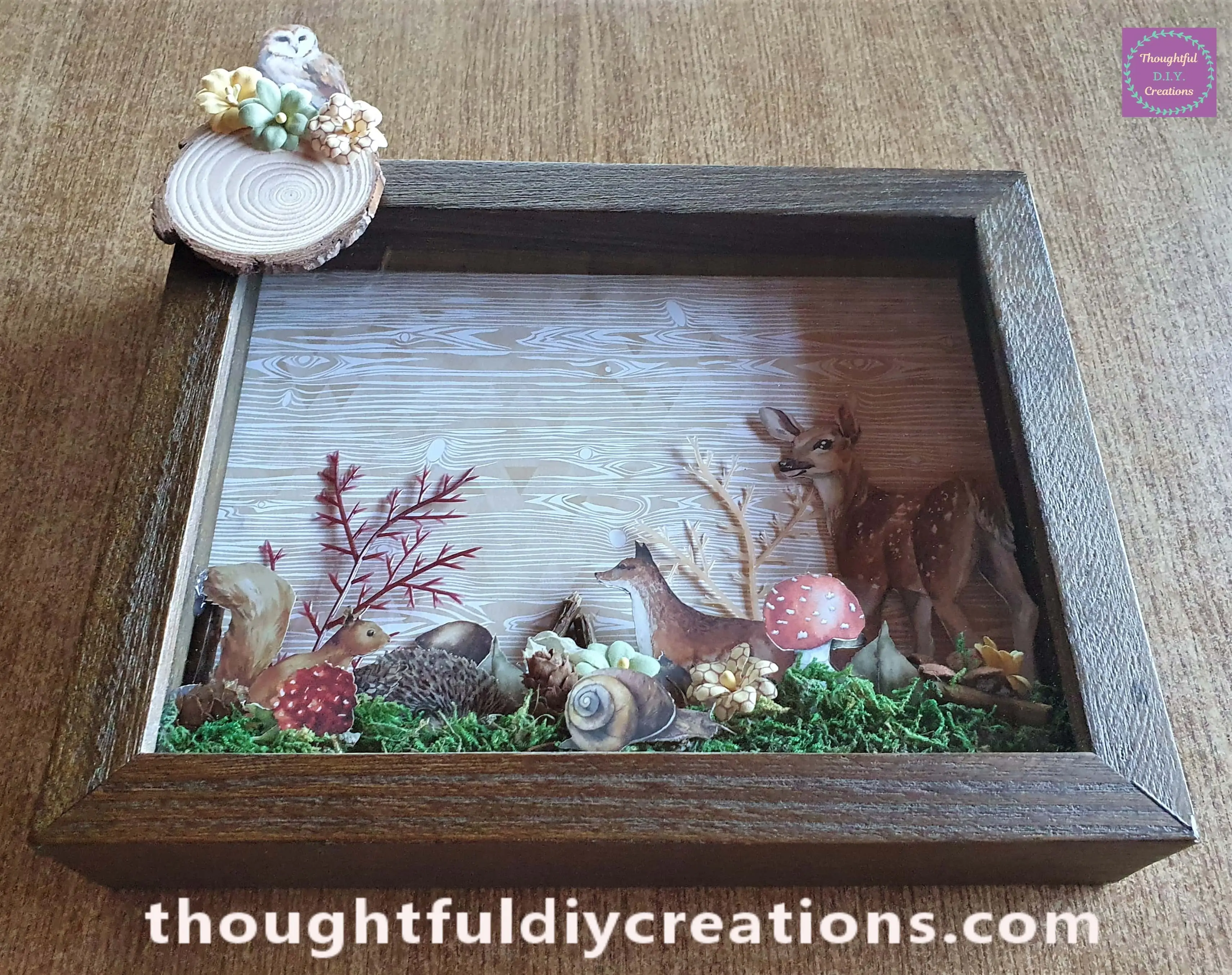 I put Hot Glue on the back of the Wood Slice and attached it to the top left corner of the Woodland Frame.