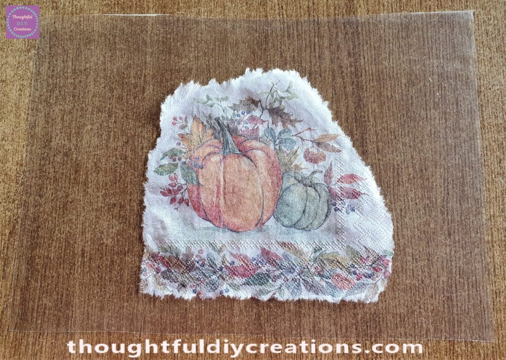 I got the Plastic Sheet and turned it Sideways. I put the Napkin with the Design facing down on the Plastic Sheet.