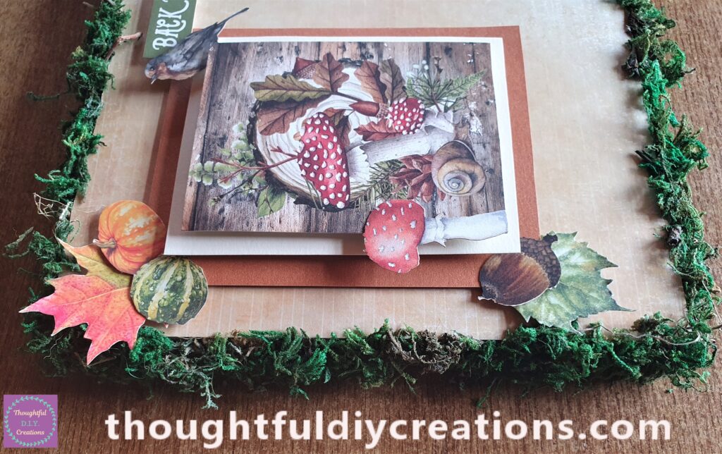 I placed an Acorn on the Copper Cardstock over the leaf. I attached another leaf on the top left corner of the Copper Cardstock.