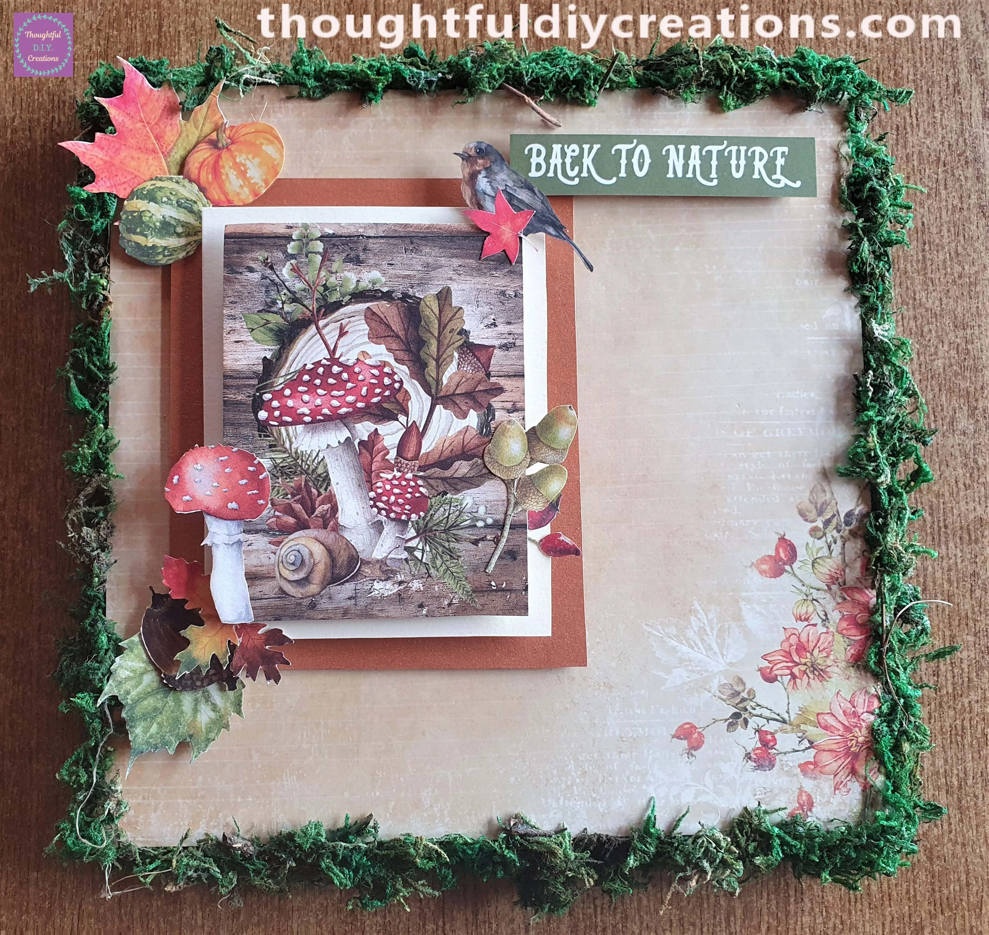 A red leaf was placed under the Bird. I added green acorns and red berries on the Side of the Focal Image.